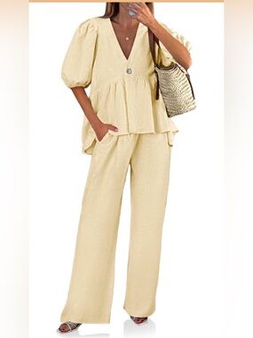 NWT Light Creamy Yellow Wide-Leg Linen Look Pants & Peplum Top Set-S
